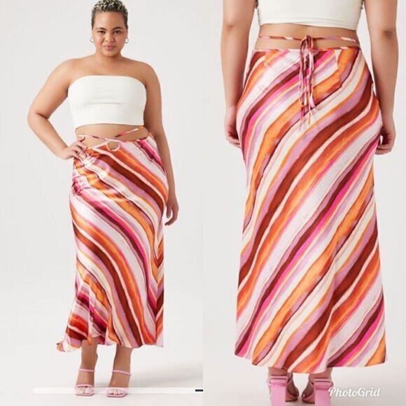 Forever 21 Plus Size Satin Striped midi Slip Skirt, 0X - Picture 2 of 10